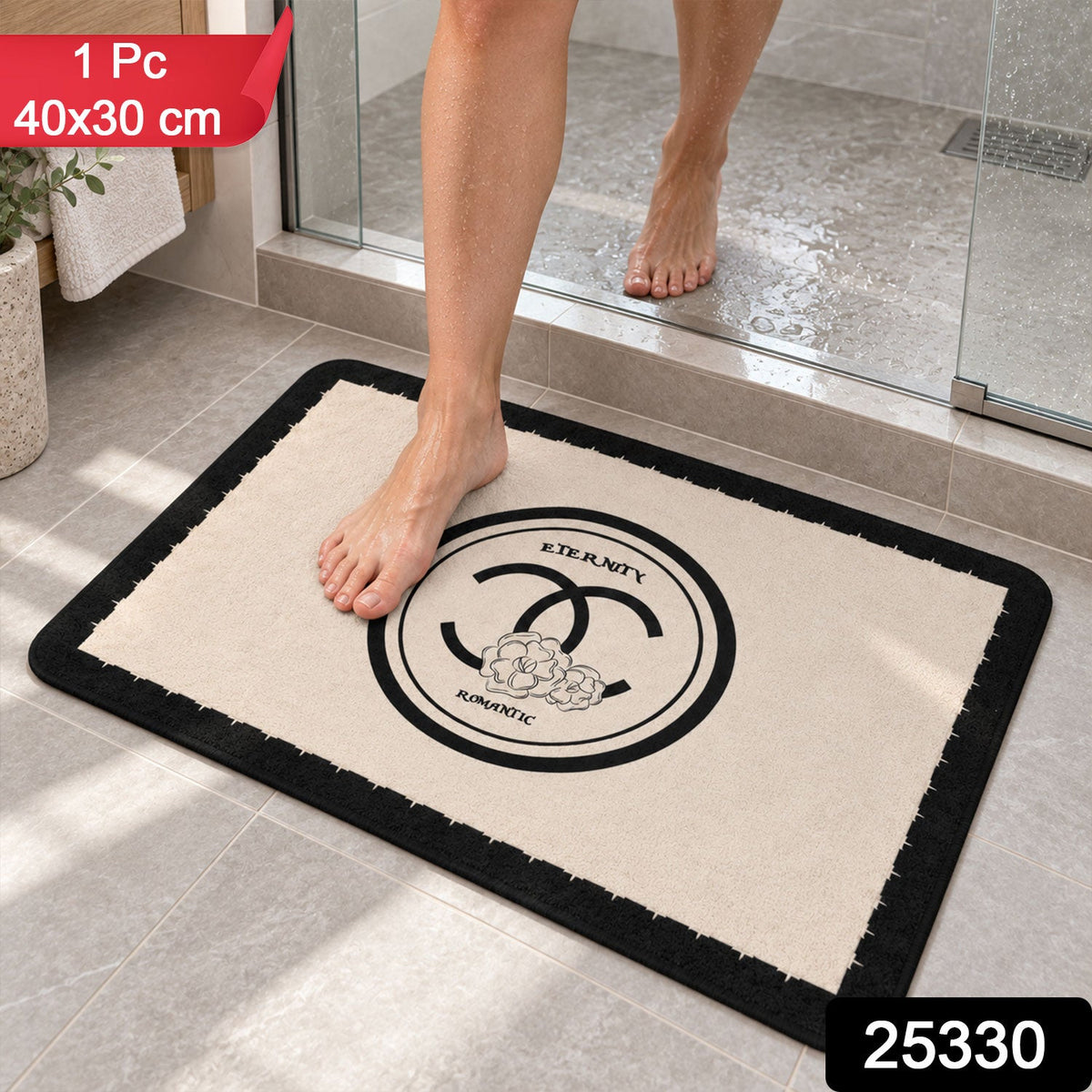 Black And Cream Bath Mat Soft Textured Absorbent Floor Rug (1 Pc 40x30 Cm)