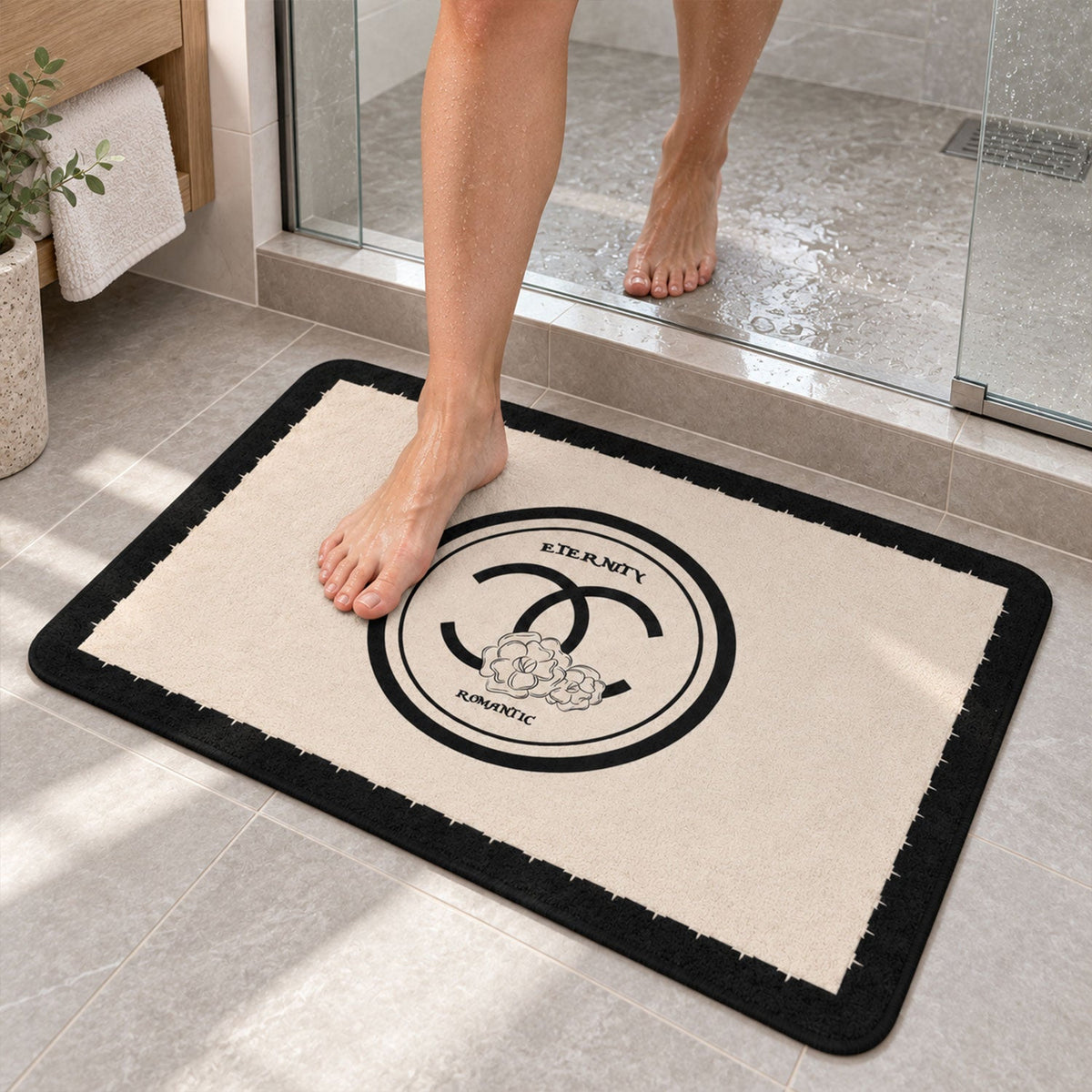 Black And Cream Bath Mat Soft Textured Absorbent Floor Rug (1 Pc 40x30 Cm)