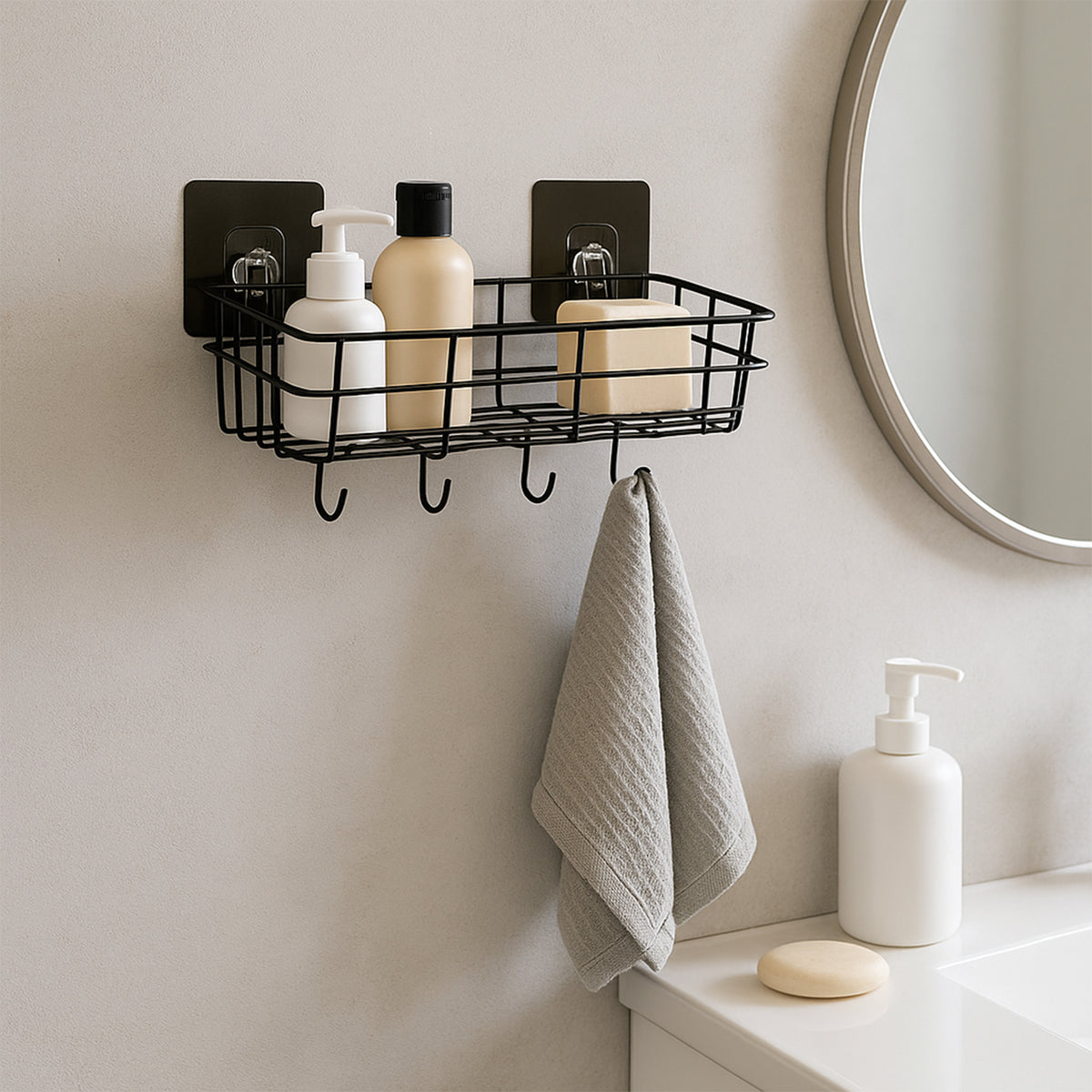 Heavy-duty Self-adhesive Wall Storage Baskets With Hooks (Pack Of 2)